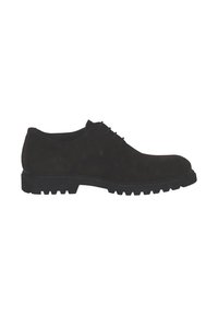 Scarpe stringate in suede nero con punta arrotondata e suola in gomma nera robusta, caratterizzata da scanalature poco profonde per una maggiore aderenza.