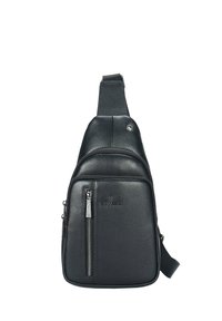 Borsa a tracolla nera in pelle con finitura texture, dotata di una tasca principale con zip e un'ulteriore tasca frontale con zip. Include una tracolla regolabile.