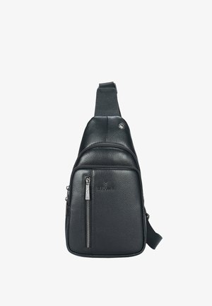 Zwarte leren schoudertas met een textuurafwerking, voorzien van een hoofdvak met rits en een extra vak met rits aan de voorkant. Inclusief verstelbare band.