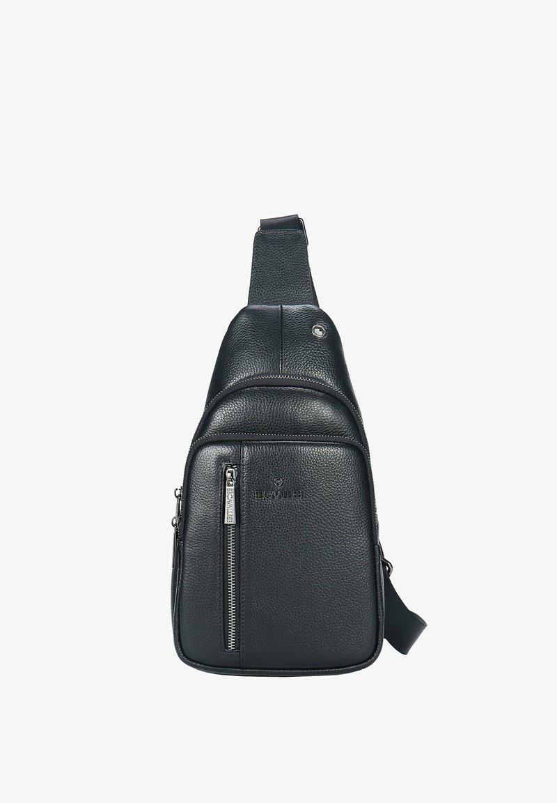 Borsa a tracolla nera in pelle con finitura texture, dotata di una tasca principale con zip e un'ulteriore tasca frontale con zip. Include una tracolla regolabile.