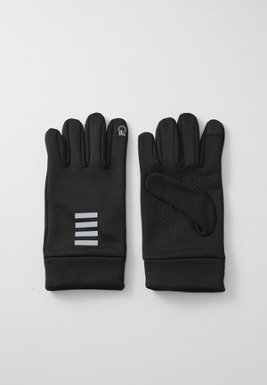 Black gloves with a smooth texture, featuring a grey striped accent on one and a textured grip pattern on the other palm.