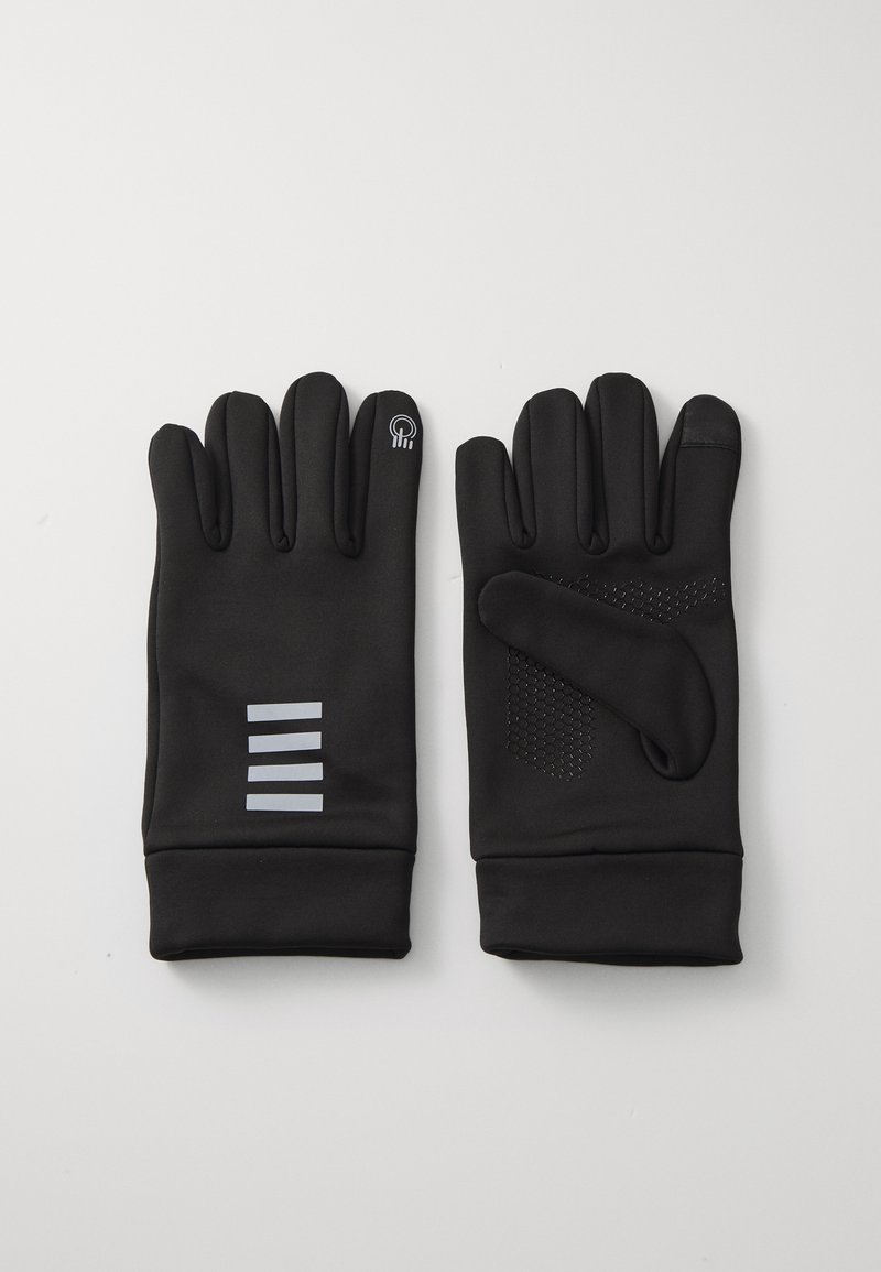 Guantes negros con una textura suave, que presentan un acento de rayas grises en uno y un patrón de agarre texturizado en la otra palma.