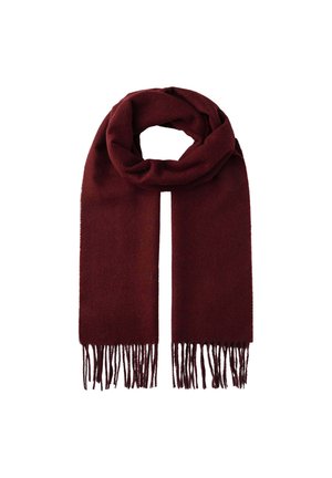Écharpe en laine rouge foncé avec des extrémités à franges, nouée lâchement contre un fond blanc.