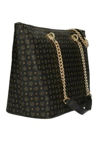Borsa tote nera con dettagli in catena dorata, caratterizzata da un motivo di piccole lettere logo, rifiniture in pelle e un design strutturato.