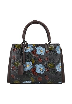 Sort læderhåndtaske med prægede blå, røde og grønne blomsterprint, mørkebrune håndtag og påsat lædermærke.