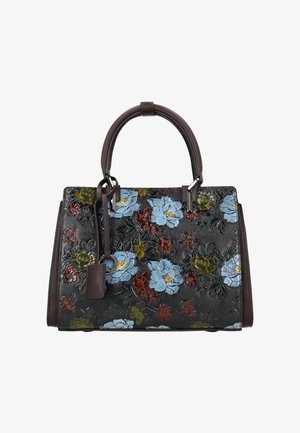 Fekete bőr kézitáska dombornyomott kék, piros és zöld virágmintákkal, sötétbarna fogantyúval és hozzákapcsolt bőrcímkével.