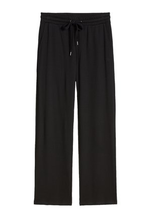 Schwarze Freizeithose mit elastischem Bund und Kordelzug, seitlichen Taschen und einer lockeren, geraden Passform.