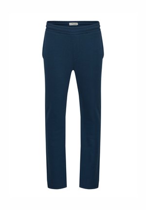 Tengerészkék melegítőnadrág puha textúrával, rugalmas derékrésszel és két oldalzsebbel. Egyenes szárú, mintázat vagy díszítés nélkül.