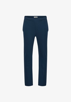 Tengerészkék melegítőnadrág puha textúrával, rugalmas derékrésszel és két oldalzsebbel. Egyenes szárú, mintázat vagy díszítés nélkül.