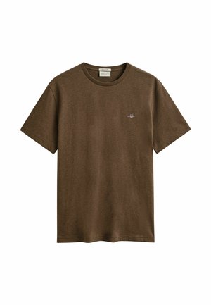 Braunes T-Shirt mit kurzen Ärmeln und Rundhalsausschnitt, mit kleinem gesticktem Logo auf der linken Brust und einem Stoffetikett im Kragen.