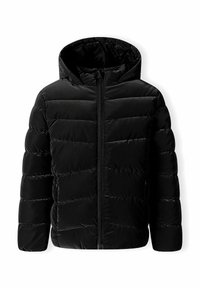 Sort puffert jakke med hætte, med lynlås foran, quiltet design og en glat, blank tekstur. Velegnet til koldt vejr.