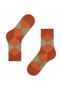 Chaussettes en coton orange et beige avec un motif géométrique en losanges, dotées d'un talon renforcé, d'une texture lisse et d'un détail de logo à la base.