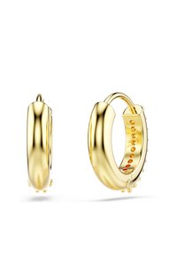 Gold hoop earrings with a smooth, polished finish. Features circular shape with a hinge closure and decorative accents lining the inner edge.