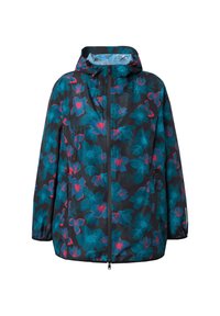 Blommig regnjacka med svart bakgrund och mönster av teal- och rosa blommor, huva, främre dragkedja och elastiska ärmslut.
