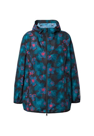 Giacca a vento floreale con sfondo nero e motivi di fiori turchesi e rosa, con cappuccio, zip frontale e polsini elastici.