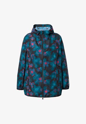 Květinová dešťová bunda s černým pozadím a vzory květin v odstínech tyrkysové a růžové, s kapucí, předním zipem a elastickými manžetami.