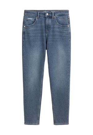 Lichtblauwe denim jeans met een rechte snit, vijf zakken, subtiele vervaging en een enkele knoopsluiting aan de taille.