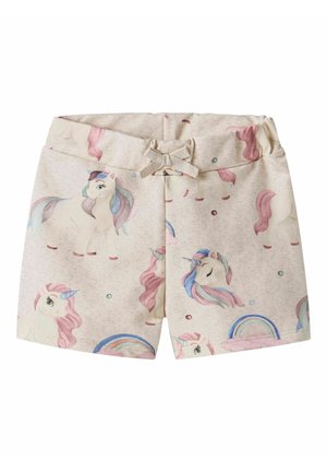 Shorts en coton avec un fond beige clair, ornés d'un imprimé licorne dans des couleurs pastel, d'un détail nœud à l'avant et d'une taille élastique.
