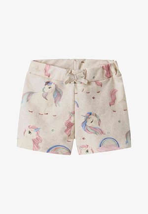 Katoenen shorts met een licht beige achtergrond, voorzien van een eenhoornprint in pastelkleuren, een strikdetail aan de voorkant en een elastische tailleband.