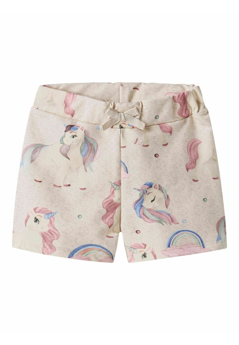 Shorts en coton avec un fond beige clair, ornés d'un imprimé licorne dans des couleurs pastel, d'un détail nœud à l'avant et d'une taille élastique.