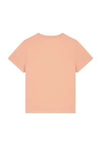 Korte mouwen, ronde hals t-shirt van licht perzikkleurige stof. Zachte textuur, eenvoudig ontwerp en rechte zoom. Geschikt voor casual gebruik.