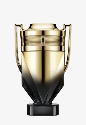 Tall trophy with two handles, gradient gold to black color, smooth reflective surface, and a small central design feature near the top.