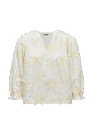 Blouse crème avec motifs texturés de palmiers, manches trois-quarts bouffantes, encolure en V et poignets élastiqués à volants.