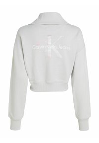 Kapat sweatshirt i ljusgrått med hög krage, som har en glansig logotypdesign av "Calvin Klein Jeans" på baksidan i pastellfärger.