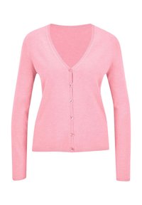 Rosa Cardigan mit V-Ausschnitt, langen Ärmeln und einer durchgängigen Knopfleiste. Hergestellt aus weichem Strickmaterial mit gerippten Bündchen und Saum.