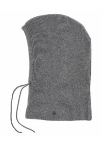 Gray knit balaclava made from ribbed material. Features a rounded top and drawstrings on the sides. Small logo detail at the base.