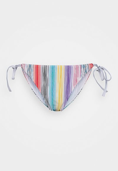 Bikini con design a righe multicolori nei toni di rosso, blu, giallo e viola. Lacci regolabili su entrambi i lati. Texture liscia.