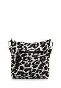 Leopard print crossbody bag featuring a textured white and black exterior, adjustable black strap, and zippered front pocket.