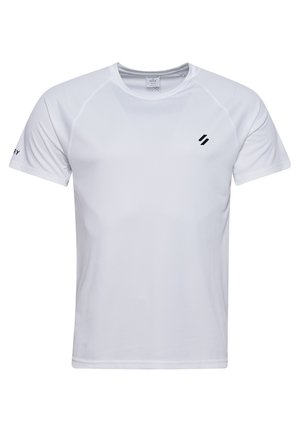 T-shirt de sport blanc à manches courtes avec col rond, petit logo noir sur la poitrine gauche et texte discret sur la manche droite.