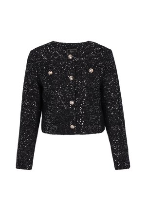 Zwarte cropped jas met een getextureerd oppervlak, versierd met zilveren pailletten en grote ronde knopen, voorzien van lange mouwen en een ronde halslijn.