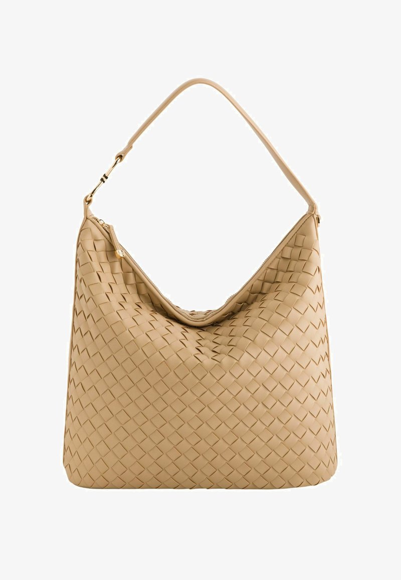 Beige woven leather handbag with a soft hobo design, featuring a single adjustable strap and a zippered top closure for accessibility.