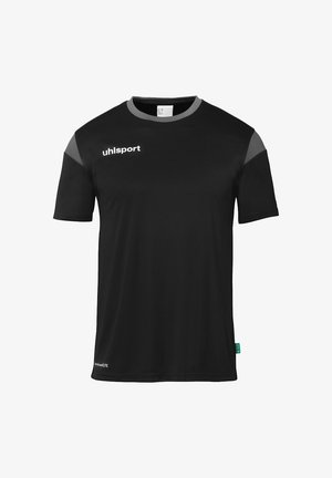 Sort atletisk t-shirt med korte ærmer, grå detaljer på skuldrene og et hvidt logo. Fremstillet af let, åndbart stof.