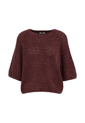 Suéter grueso de punto granate con mangas cortas y escote redondo, que presenta un diseño suelto, texturizado y de tejido abierto.