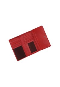 Rote Leder-Brieftasche mit mehreren Kartenfächern, einem transparenten Ausweisfach und einer glatten Textur. Öffnet mit einem Druckknopfverschluss.