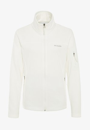 Columbia weiße Fleecejacke mit hohem Kragen, durchgehendem Reißverschluss und Seitentaschen. Glatte Textur und minimale Markenkennzeichnung.