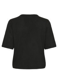 Maglione nero lavorato a maglia con maniche corte, scollo rotondo e bordi a costine. Texture liscia con un colore solido e uniforme. Vista posteriore mostrata.