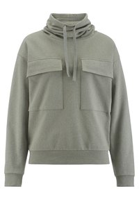 Felpa over-size grigio-verde realizzata in un tessuto morbido. Presenta un collo alto, due tasche sul petto e polsini e orlo a coste.