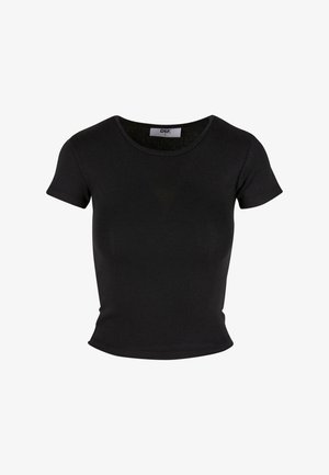 Must värvusega lühikeste varrukate T-särk pehmest puuvillast, ümarate kaelustega ja hugava siluettiga. Lihtne disain, ilma nähtavate mustrite või detailideta.