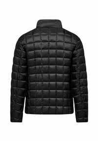 Giacca a vento nera in stile puffer con un motivo trapuntato a sezioni rettangolari, colletto alto e una texture liscia e lucida.