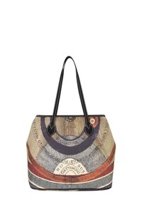 Borsa in tessuto con manici in pelle nera, motivo circolare multicolore e testo stampato sulla superficie, più larga nella parte inferiore e che si restringe nella parte superiore.