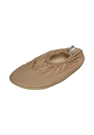 Beige fabric ballet slipper with elastic top edge and soft sole, designed for dance or indoor use.