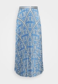 Sininen plissee-midi-hame, jossa on valkoinen paisley- ja kukkakuviolla varustettu bandana-printti sekä joustava vyötärö.