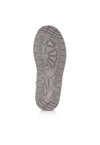 Suela de zapato de goma gris con un diseño de banda de rodadura en relieve, que presenta ranuras y acentos elevados para mejorar la tracción y la estabilidad.