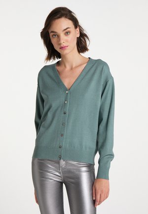 Frau trägt eine türkisfarbene V-Ausschnitt-Cardigan mit Knöpfen und metallisch silberne Hose, steht vor einem schlichten weißen Hintergrund.