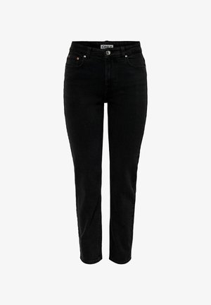 Black denim jeans with a slim fit, five pockets, subtle stitching, and a button closure. Made from slight stretch material for comfort.
