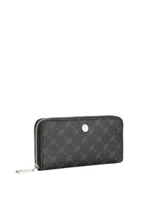 Črn usnjeni portfelj z teksturirano površino, opremljen z obodom na zadrgo, srebrnim okovjem in diskretnim logotipom na sprednji strani.